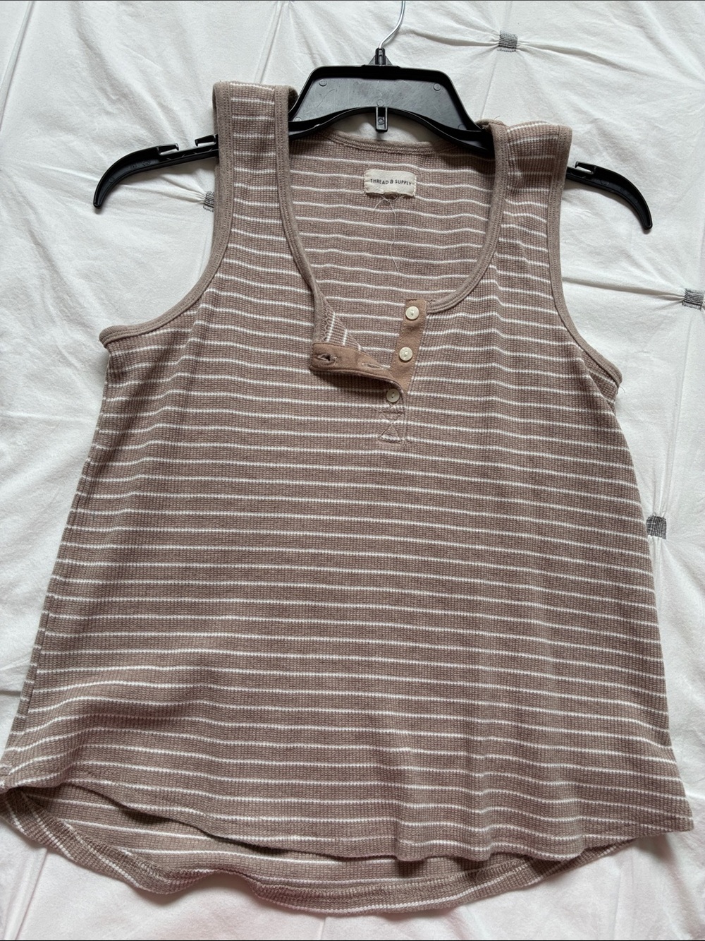 Thread & Supply Taupe and White Striped Henley Tank